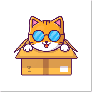 Cute Cat Playing In The Box Cartoon (5) Posters and Art